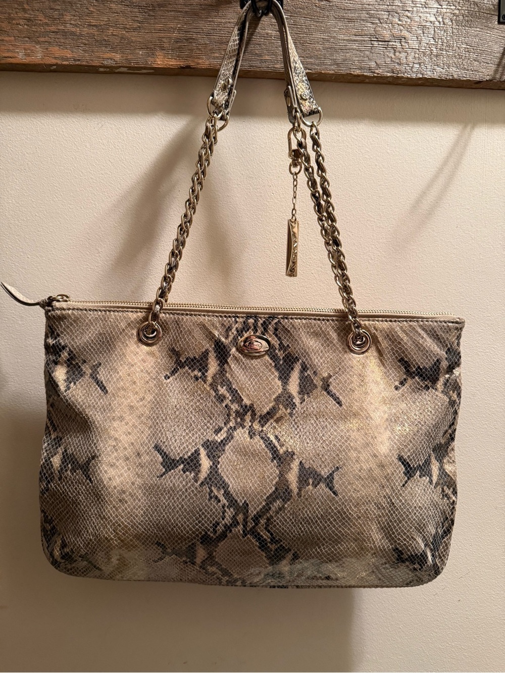 DKNY Metallic Gold Snake-Print Shoulder Bag with Chain Straps